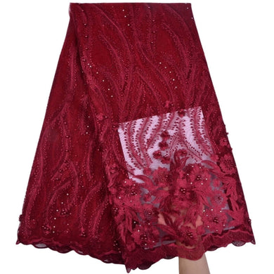 Floral Embroidered Beaded Tulle Lace 13006-Dark Red